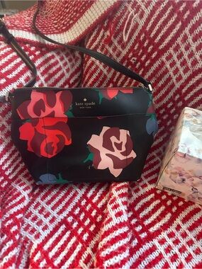 kate spade Black Shoulder Bag with Red and Pink Floral Print